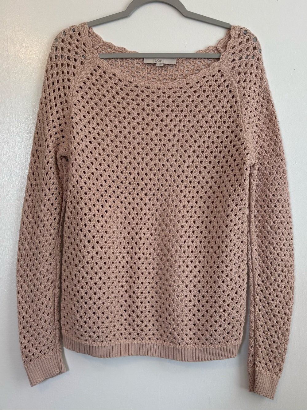 LOFT Blush Scoop Neck Open-Knit Pullover Sweater Women’s M Long Sleeve Cotton
